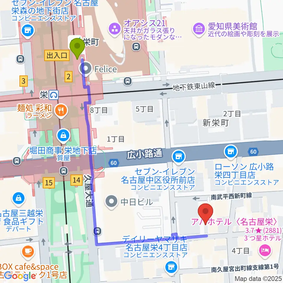 栄R.A.Dの最寄駅栄町駅からの徒歩ルート（約6分）地図