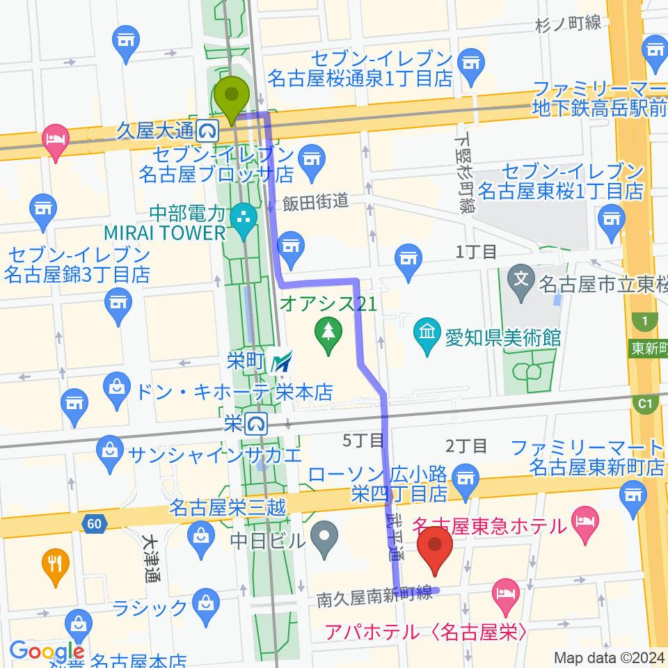 久屋大通駅から栄R.A.Dへのルートマップ地図
