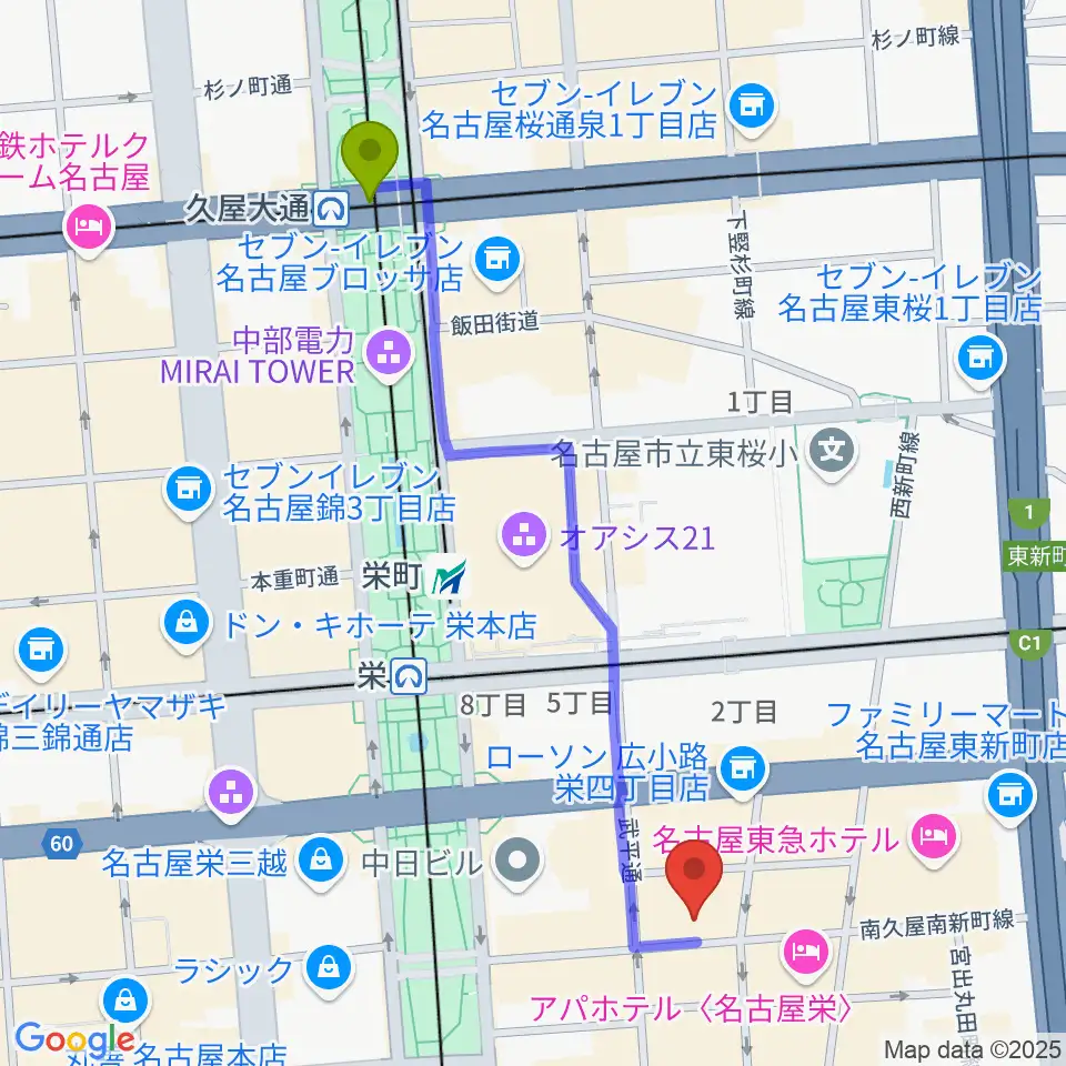 久屋大通駅から栄R.A.Dへのルートマップ地図