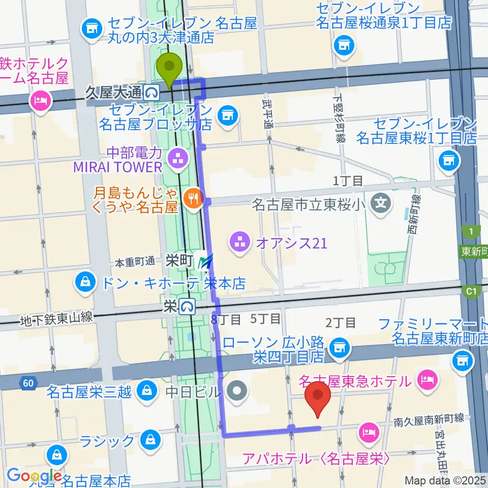 久屋大通駅から栄R.A.Dへのルートマップ地図