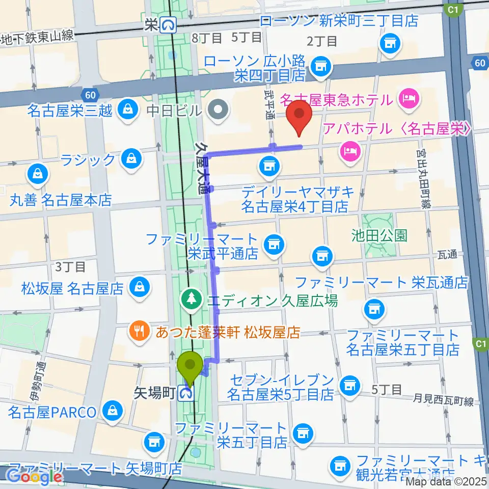 矢場町駅から栄R.A.Dへのルートマップ地図