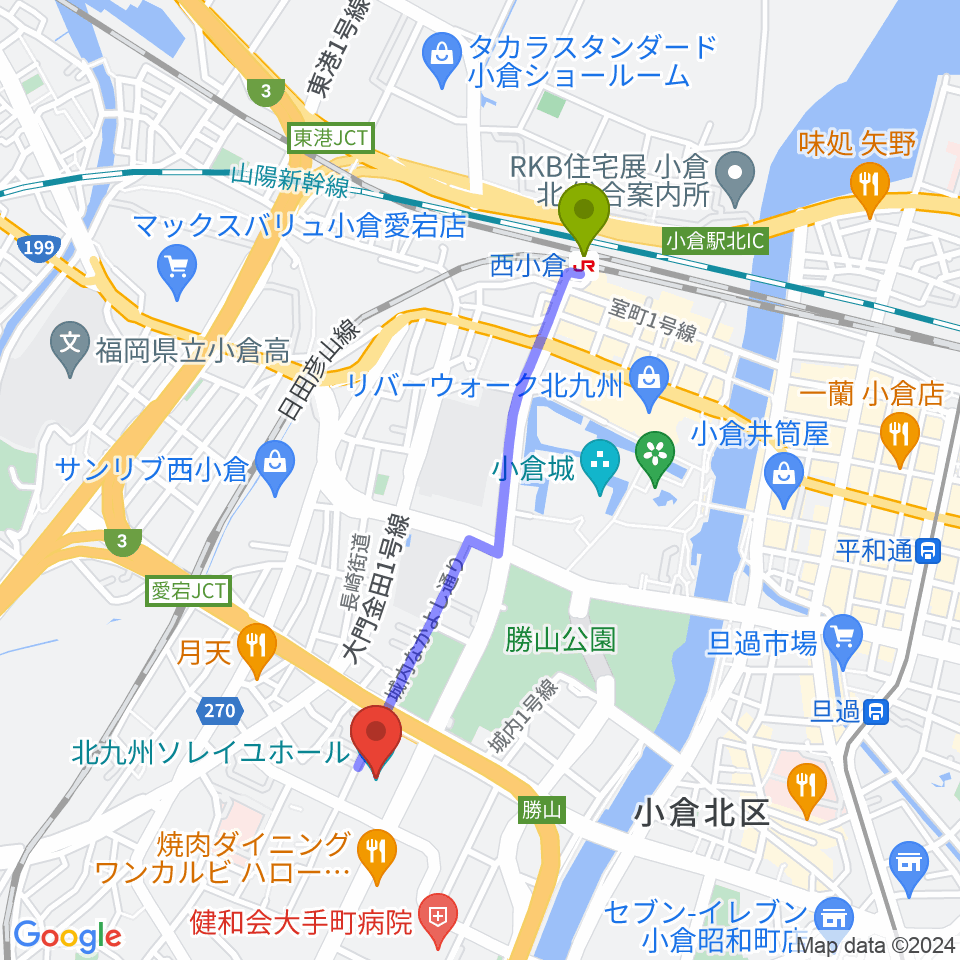 西小倉駅から北九州ソレイユホールへのルートマップ地図