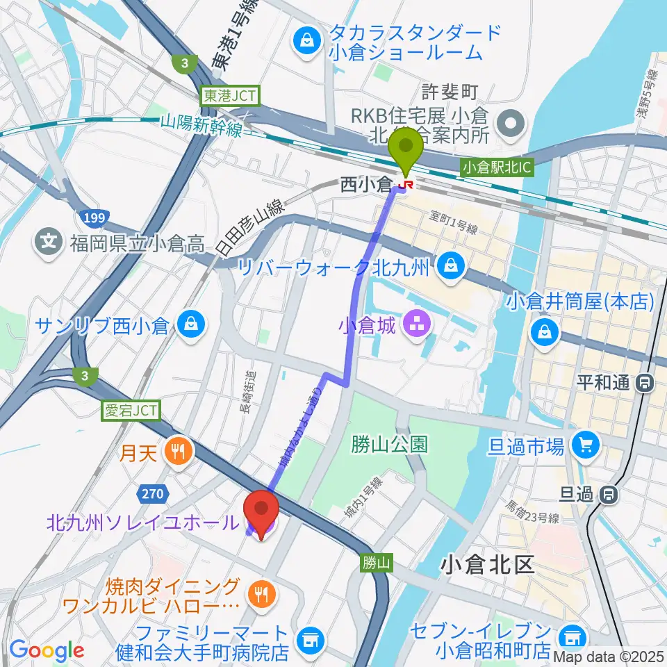 西小倉駅から北九州ソレイユホールへのルートマップ地図