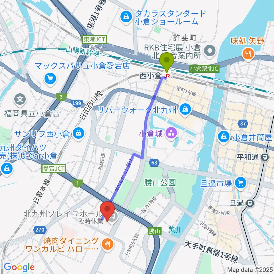 西小倉駅から北九州ソレイユホールへのルートマップ地図