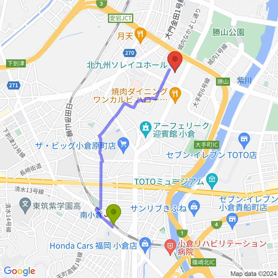 南小倉駅から北九州ソレイユホールへのルートマップ地図