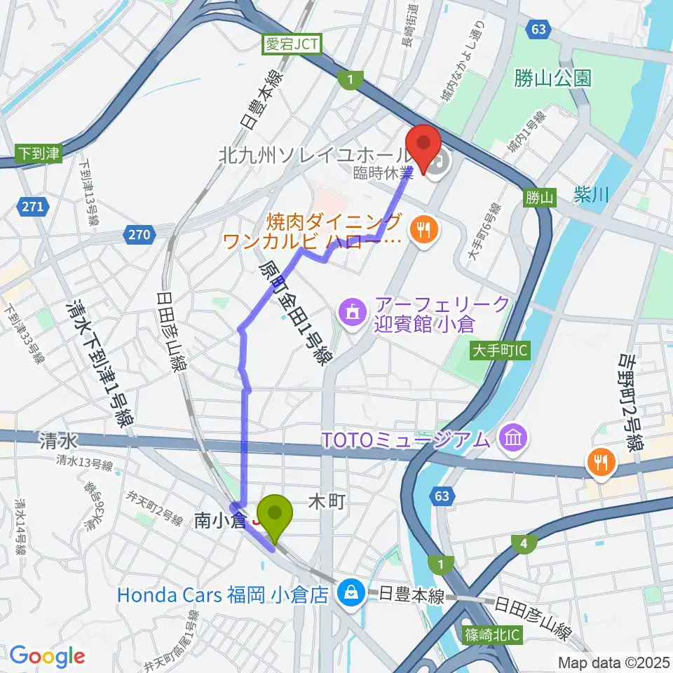 南小倉駅から北九州ソレイユホールへのルートマップ地図