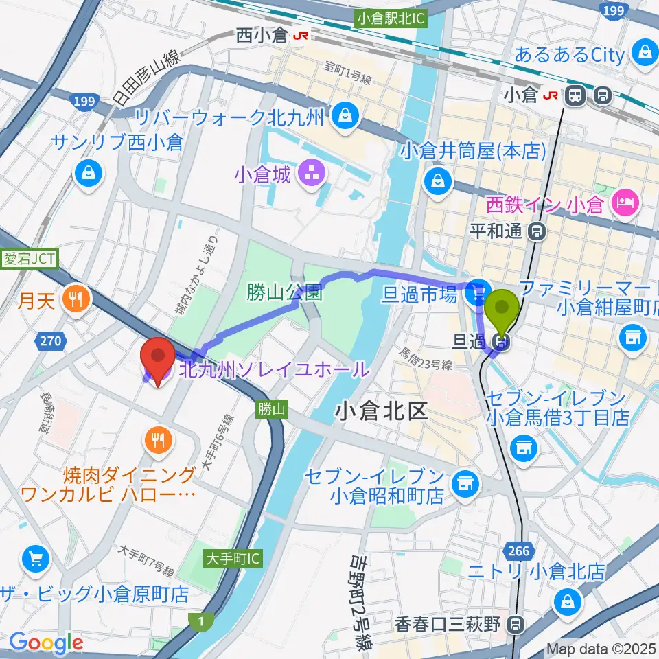 北九州ソレイユホールの最寄駅旦過駅からの徒歩ルート（約17分）地図