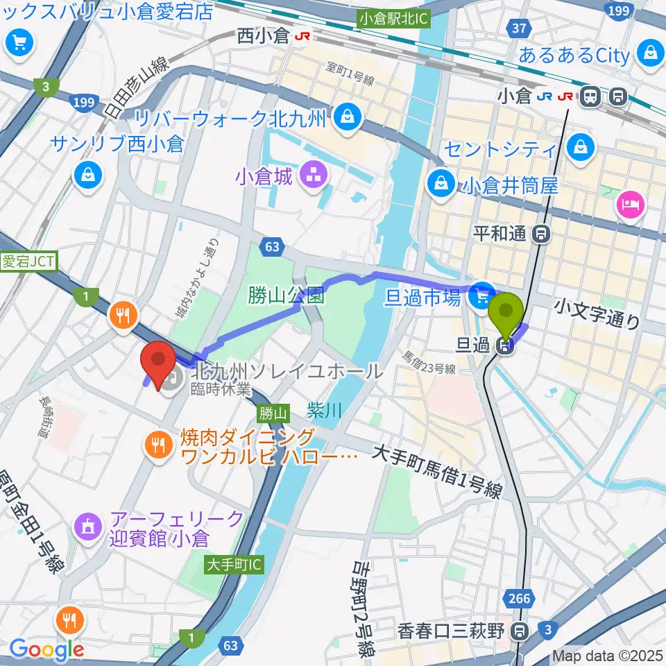 北九州ソレイユホールの最寄駅旦過駅からの徒歩ルート（約17分）地図