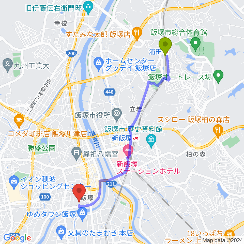 浦田駅からイイヅカコスモスコモンへのルートマップ地図