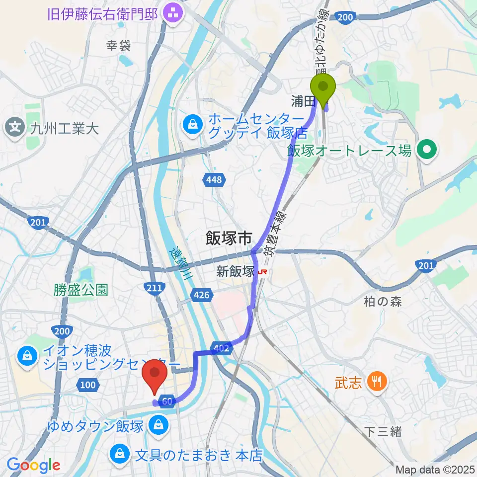 浦田駅からイイヅカコスモスコモンへのルートマップ地図