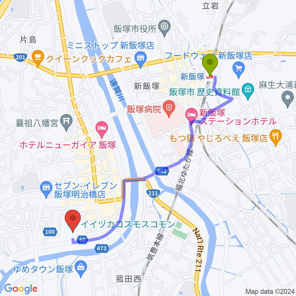 新飯塚駅からイイヅカコスモスコモンへのルートマップ地図