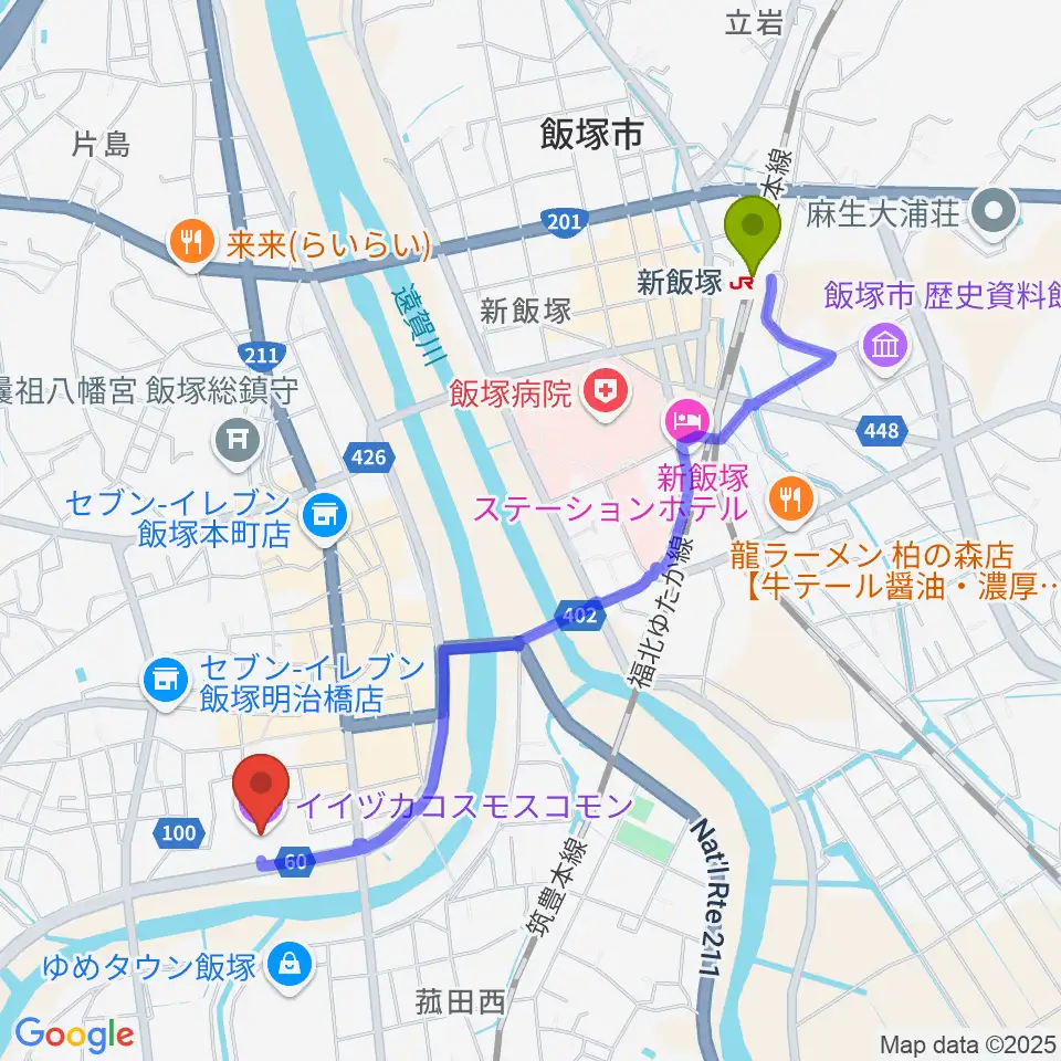 新飯塚駅からイイヅカコスモスコモンへのルートマップ地図