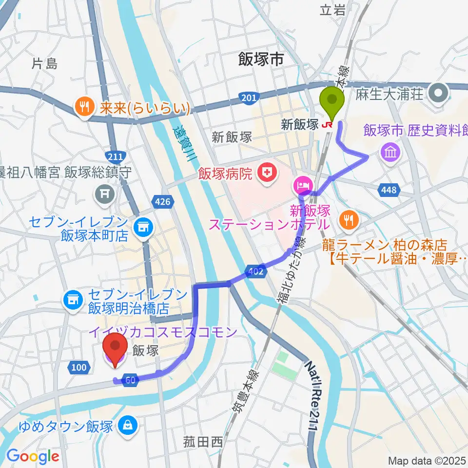 新飯塚駅からイイヅカコスモスコモンへのルートマップ地図