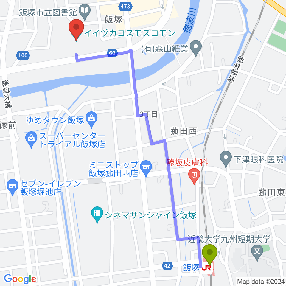 イイヅカコスモスコモンの最寄駅飯塚駅からの徒歩ルート（約15分）地図