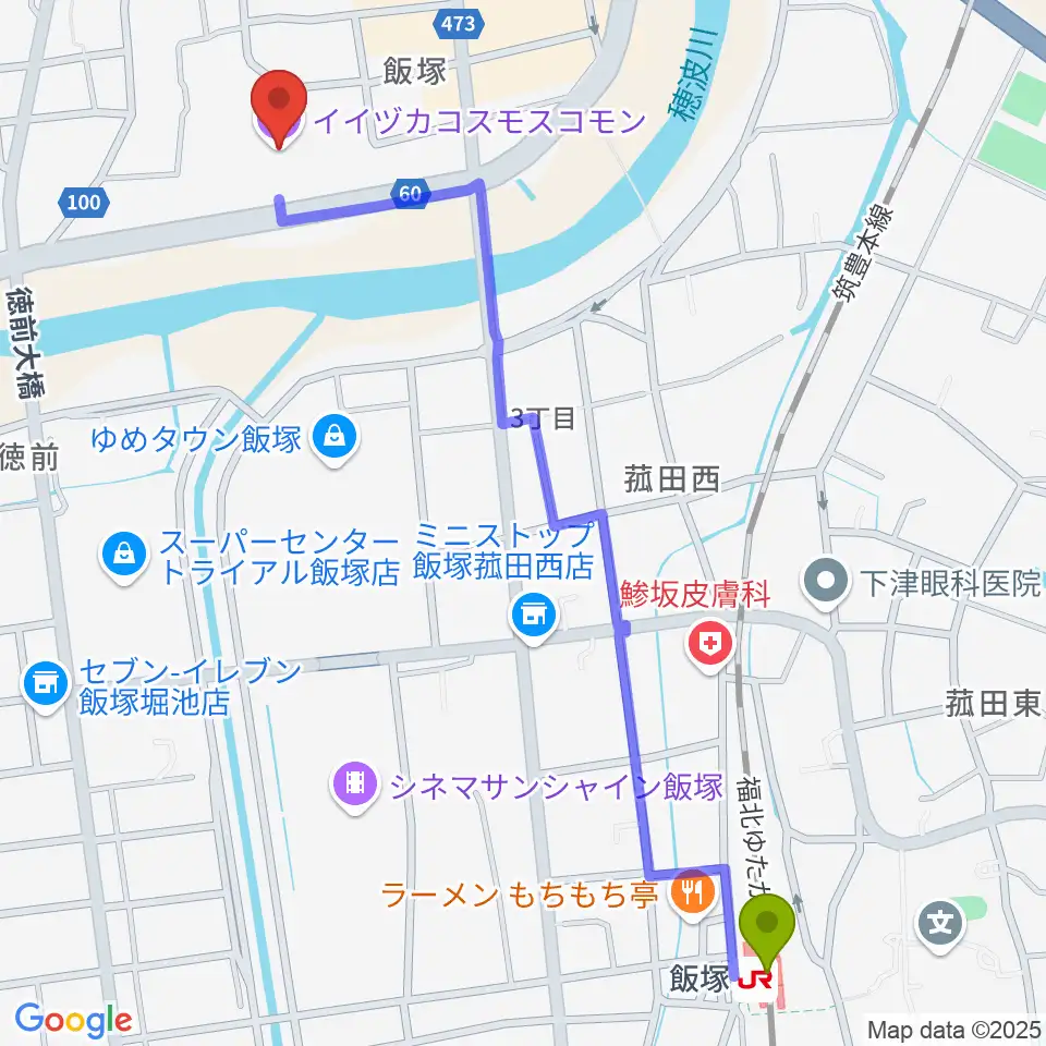 イイヅカコスモスコモンの最寄駅飯塚駅からの徒歩ルート（約15分）地図