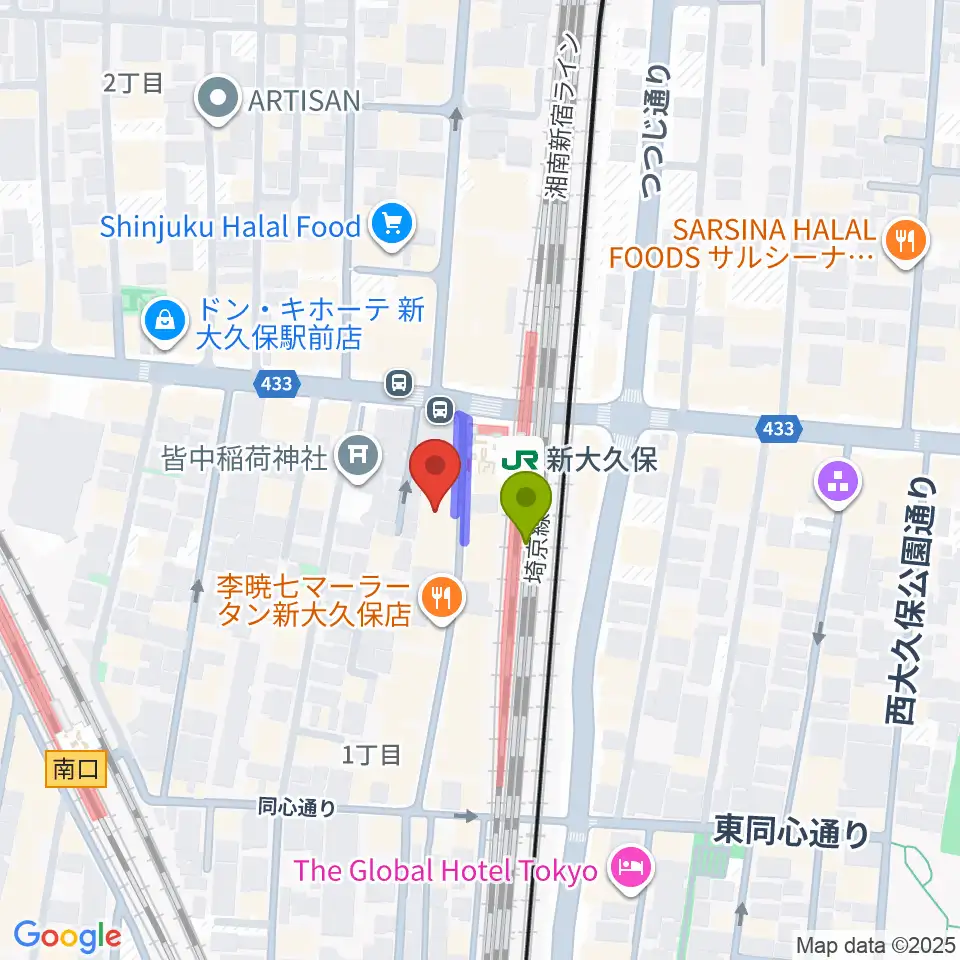 TC楽器の最寄駅新大久保駅からの徒歩ルート（約1分）地図