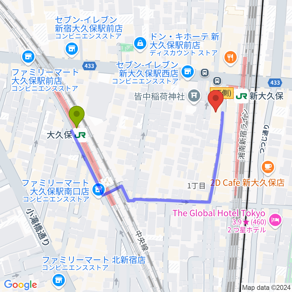 大久保駅からTC楽器へのルートマップ地図