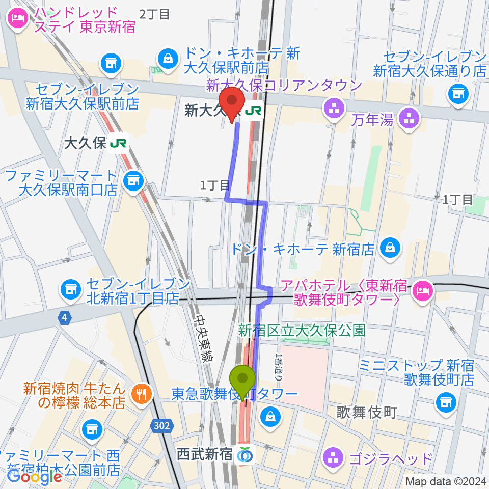 西武新宿駅からTC楽器へのルートマップ地図