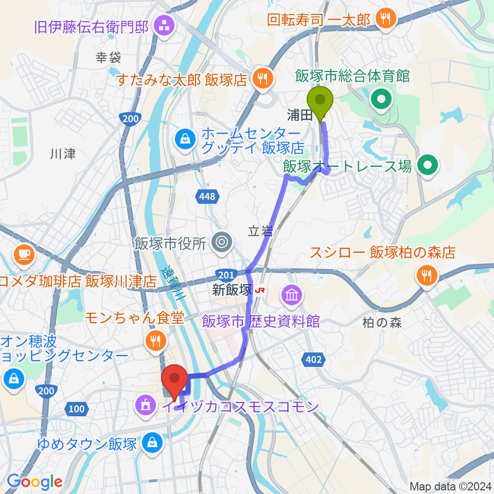 浦田駅から嘉穂劇場へのルートマップ地図