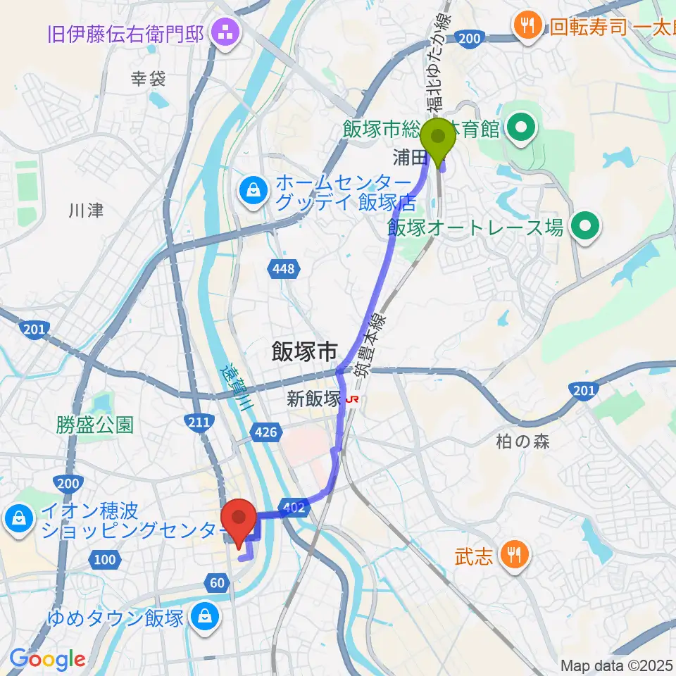 浦田駅から嘉穂劇場へのルートマップ地図