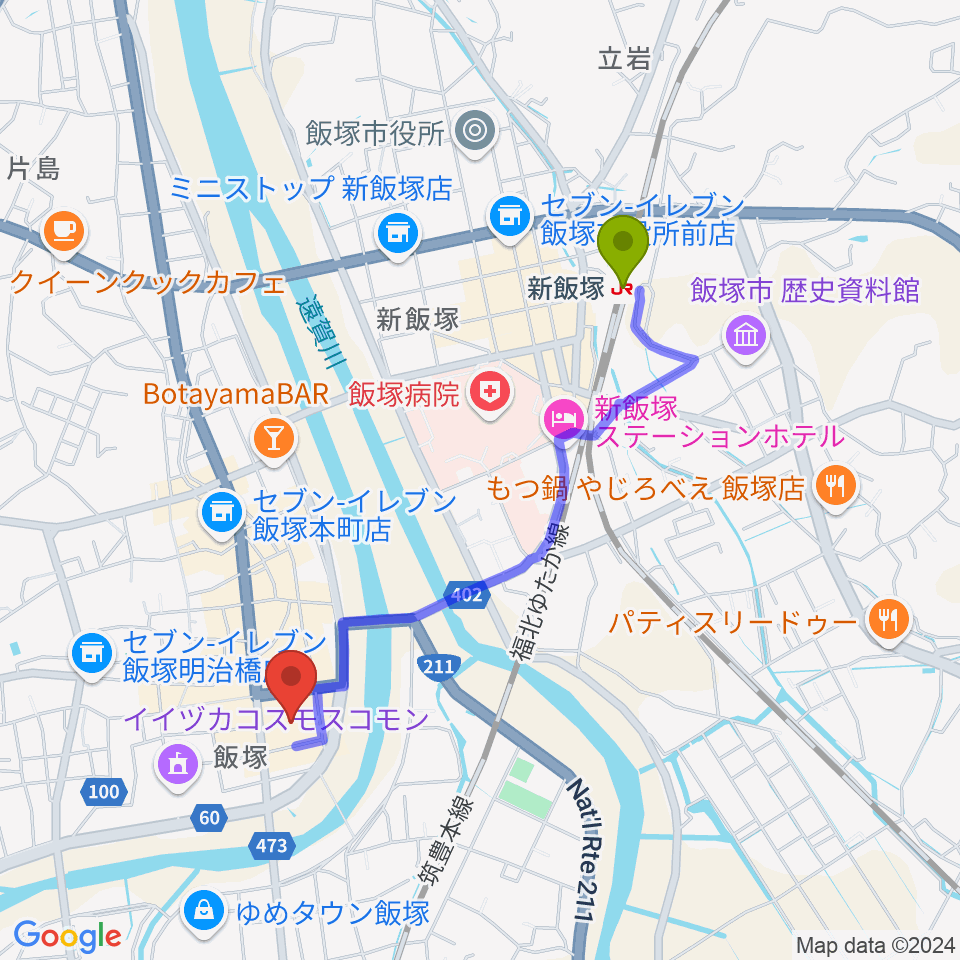 新飯塚駅から嘉穂劇場へのルートマップ地図