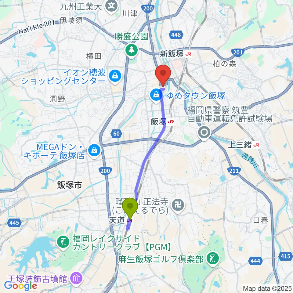天道駅から嘉穂劇場へのルートマップ地図