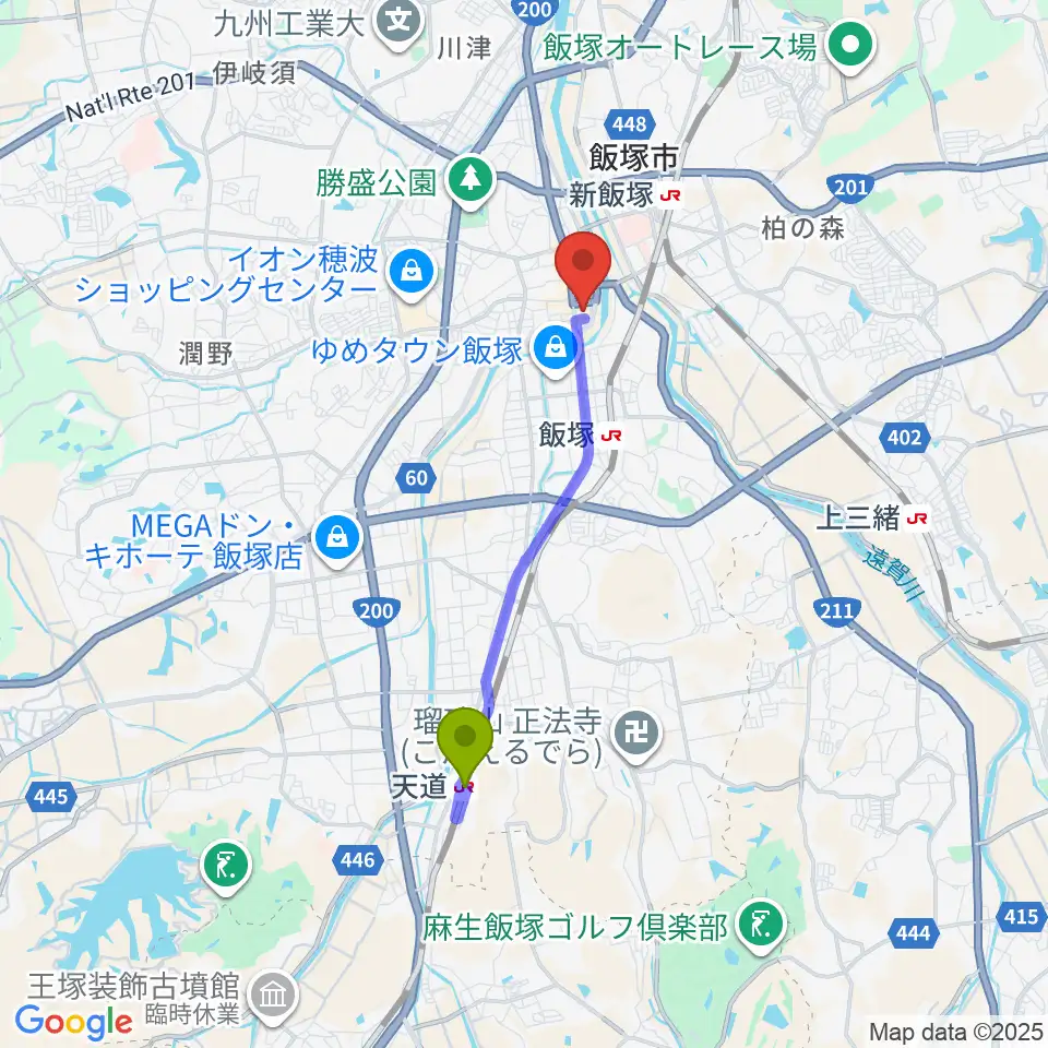 天道駅から嘉穂劇場へのルートマップ地図