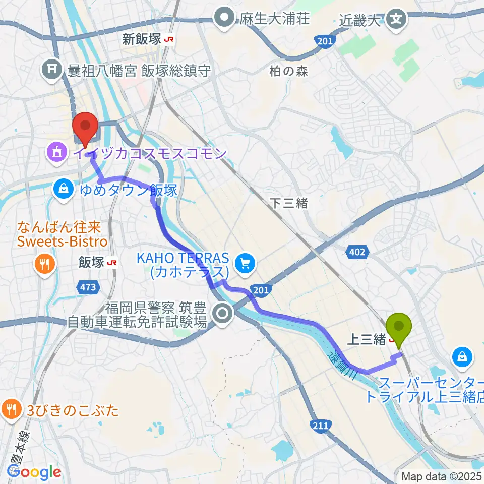 上三緒駅から嘉穂劇場へのルートマップ地図