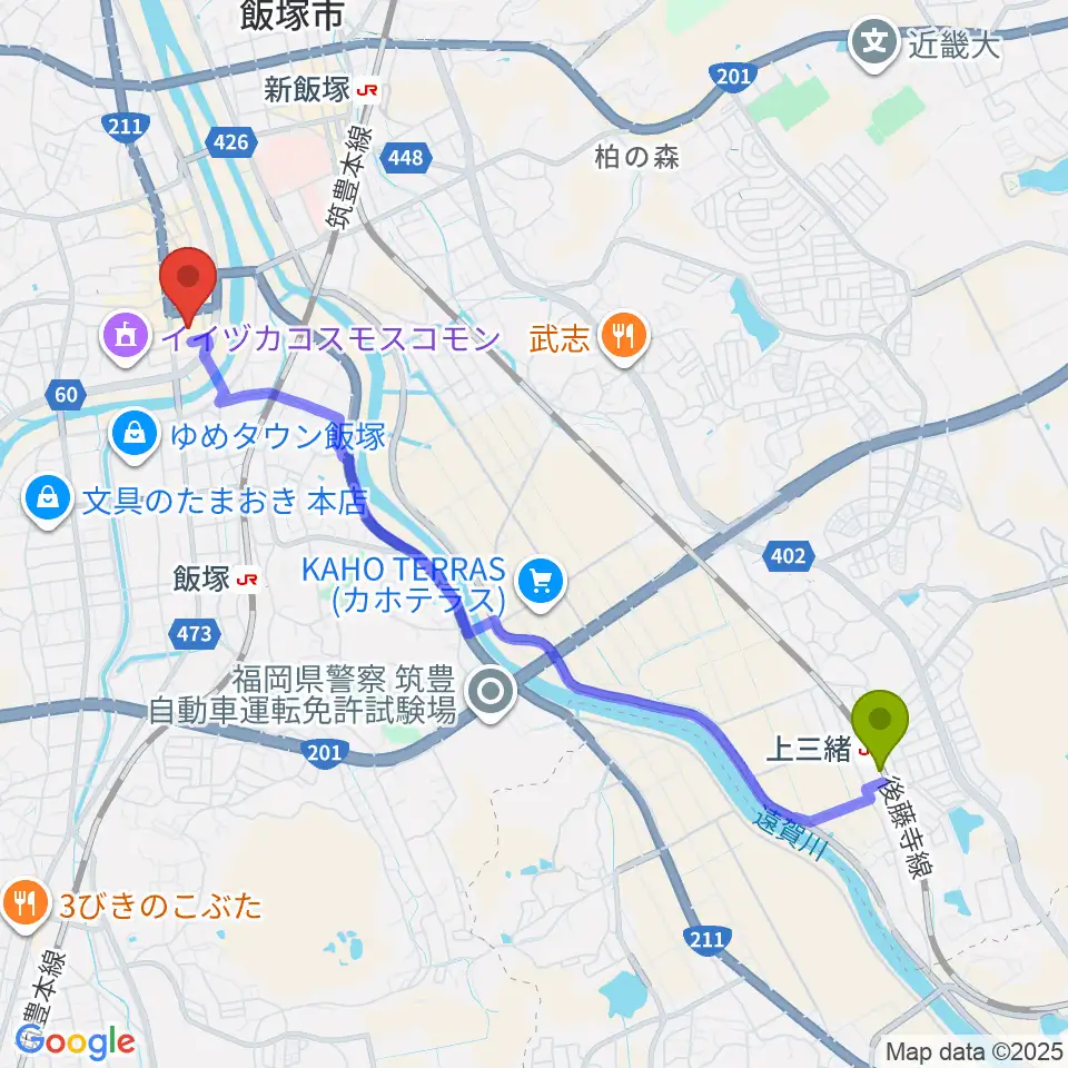 上三緒駅から嘉穂劇場へのルートマップ地図