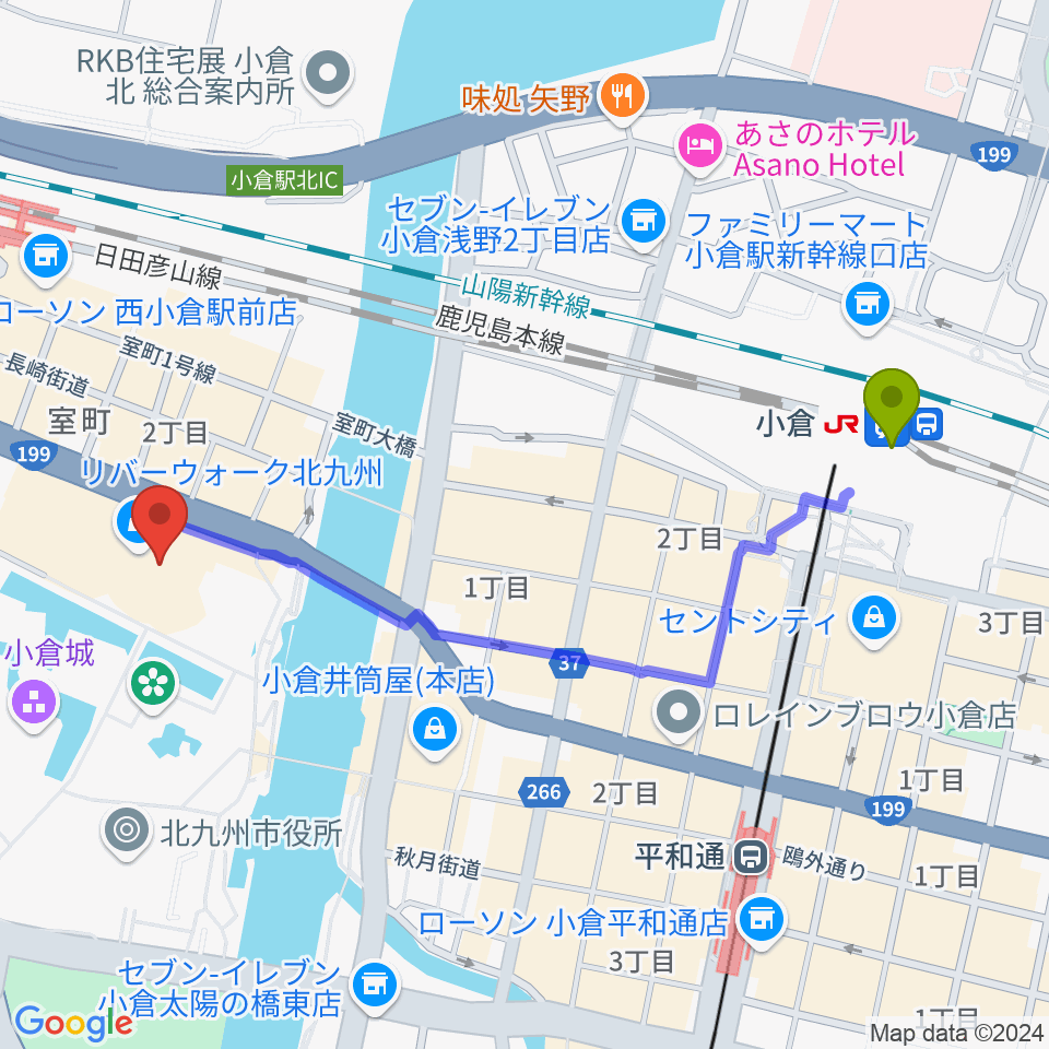 小倉駅からJ:COM北九州芸術劇場へのルートマップ地図