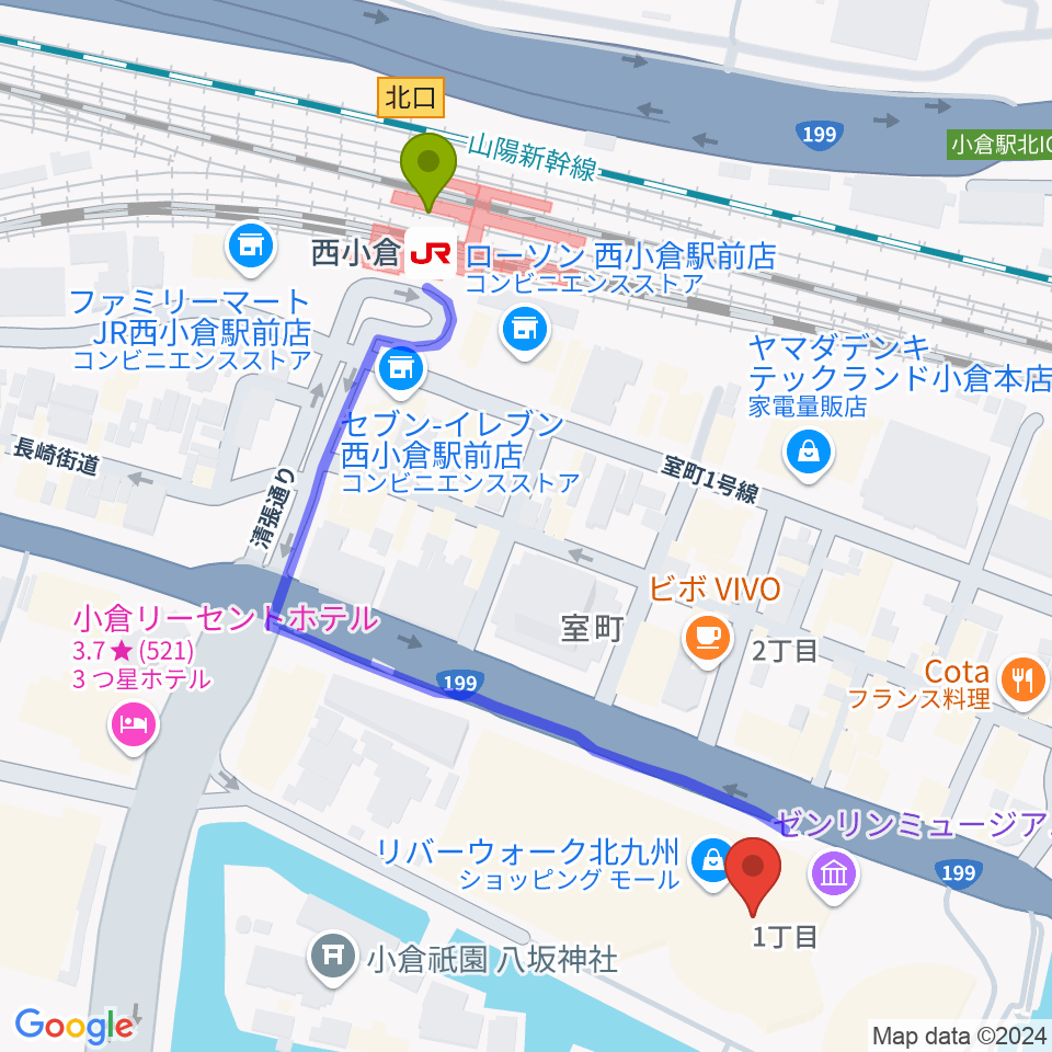 J:COM北九州芸術劇場の最寄駅西小倉駅からの徒歩ルート（約6分）地図