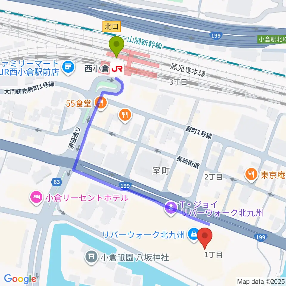 J:COM北九州芸術劇場の最寄駅西小倉駅からの徒歩ルート（約6分）地図