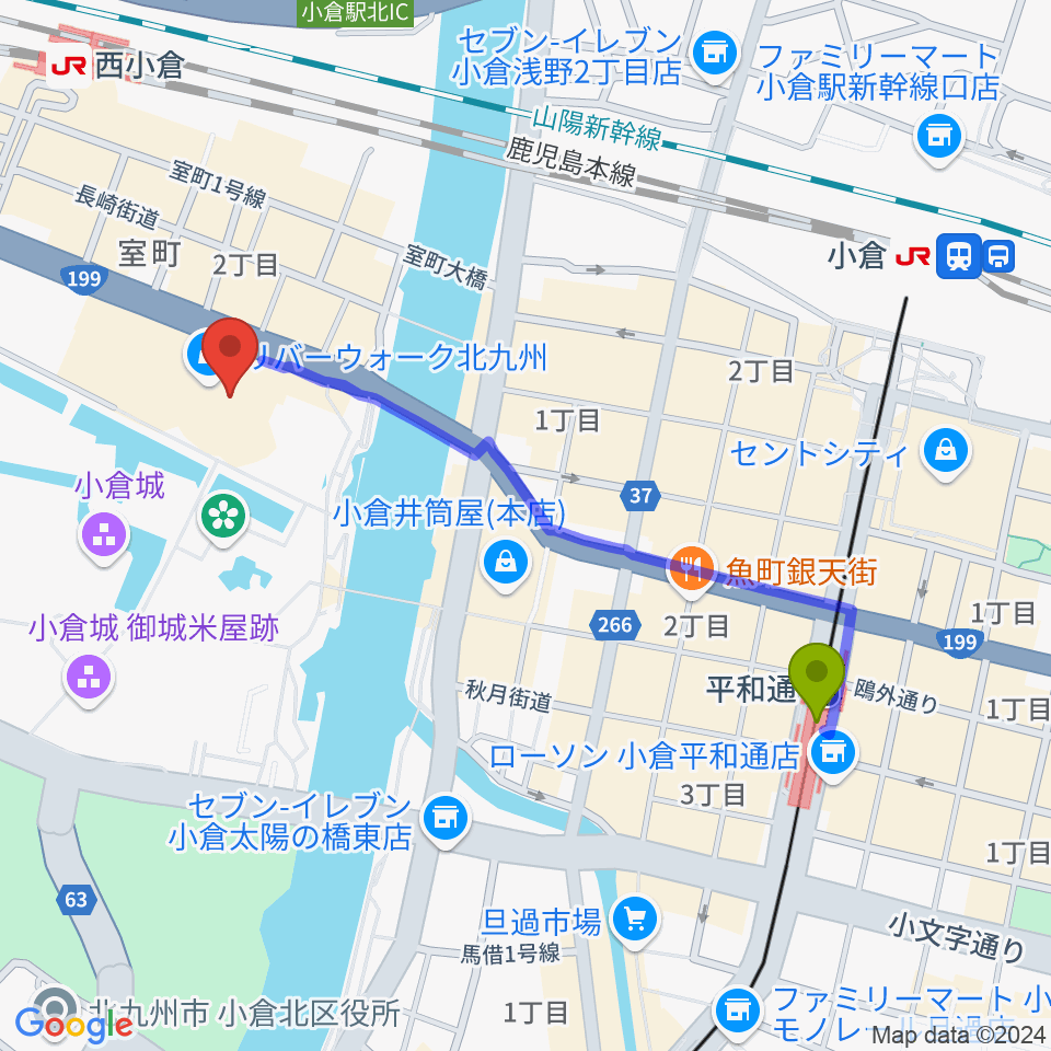 平和通駅からJ:COM北九州芸術劇場へのルートマップ地図