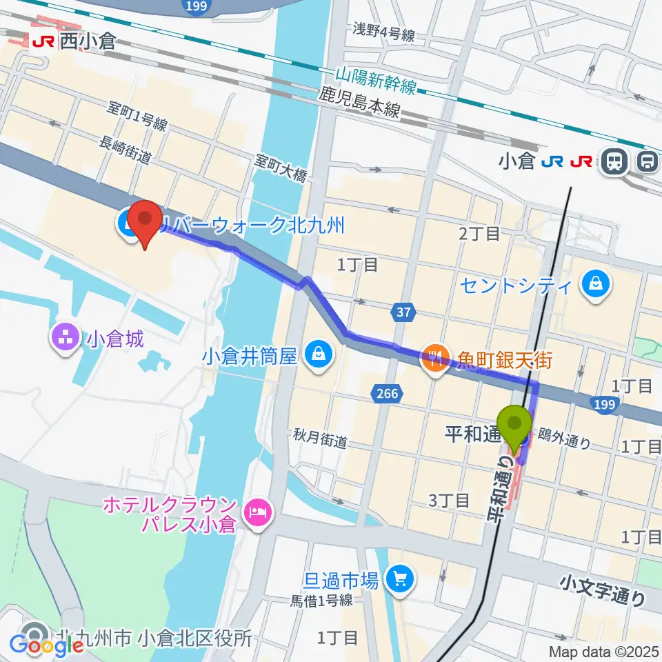 平和通駅からJ:COM北九州芸術劇場へのルートマップ地図