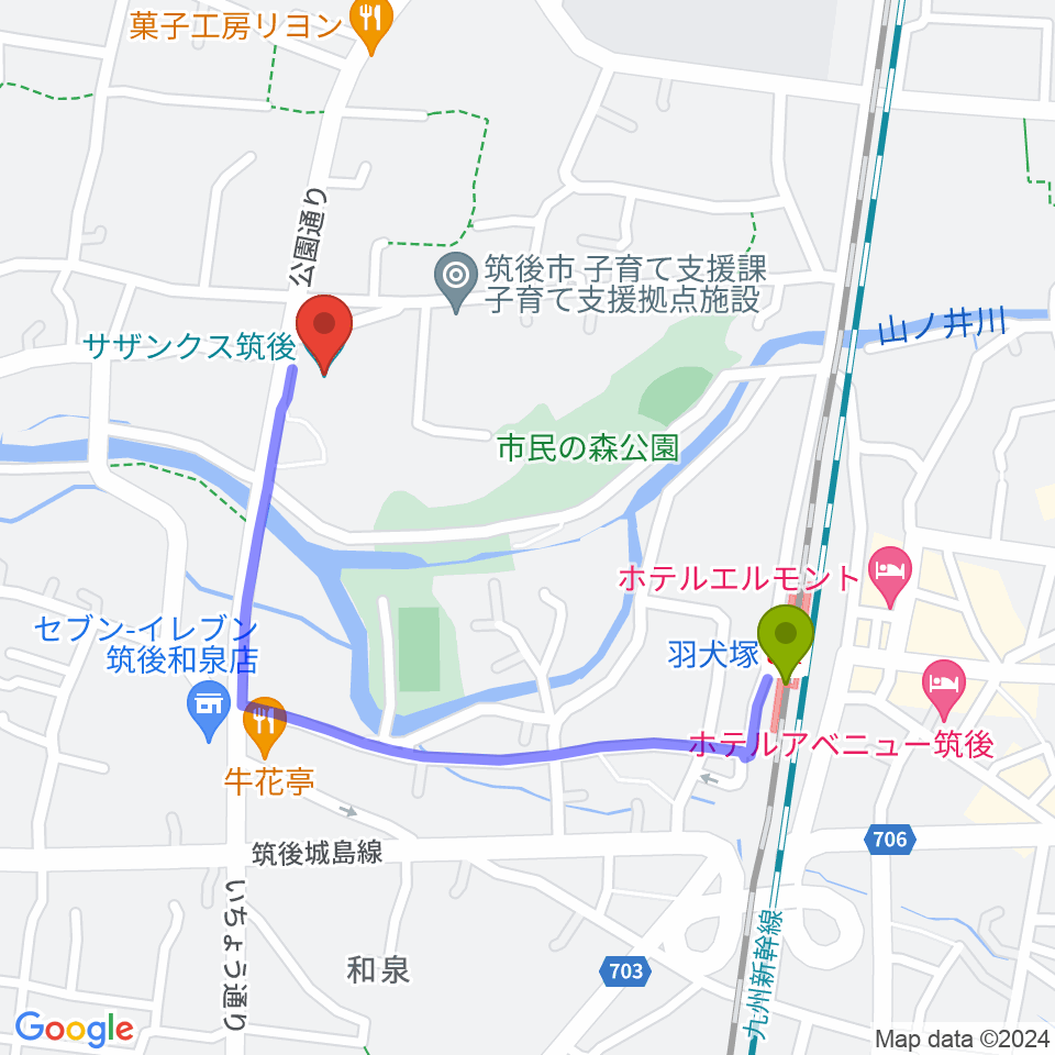 サザンクス筑後の最寄駅羽犬塚駅からの徒歩ルート（約8分）地図