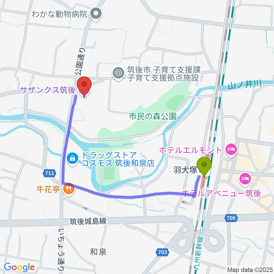 サザンクス筑後の最寄駅羽犬塚駅からの徒歩ルート（約8分）地図