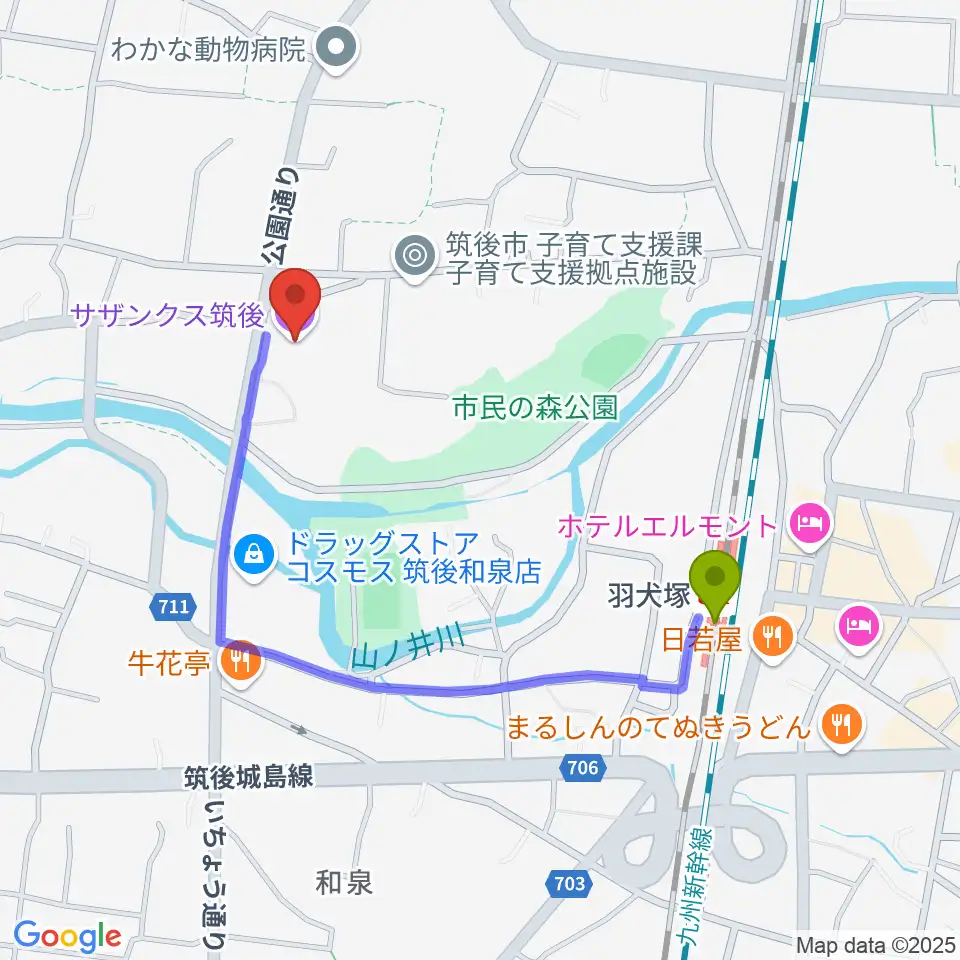 サザンクス筑後の最寄駅羽犬塚駅からの徒歩ルート（約8分）地図