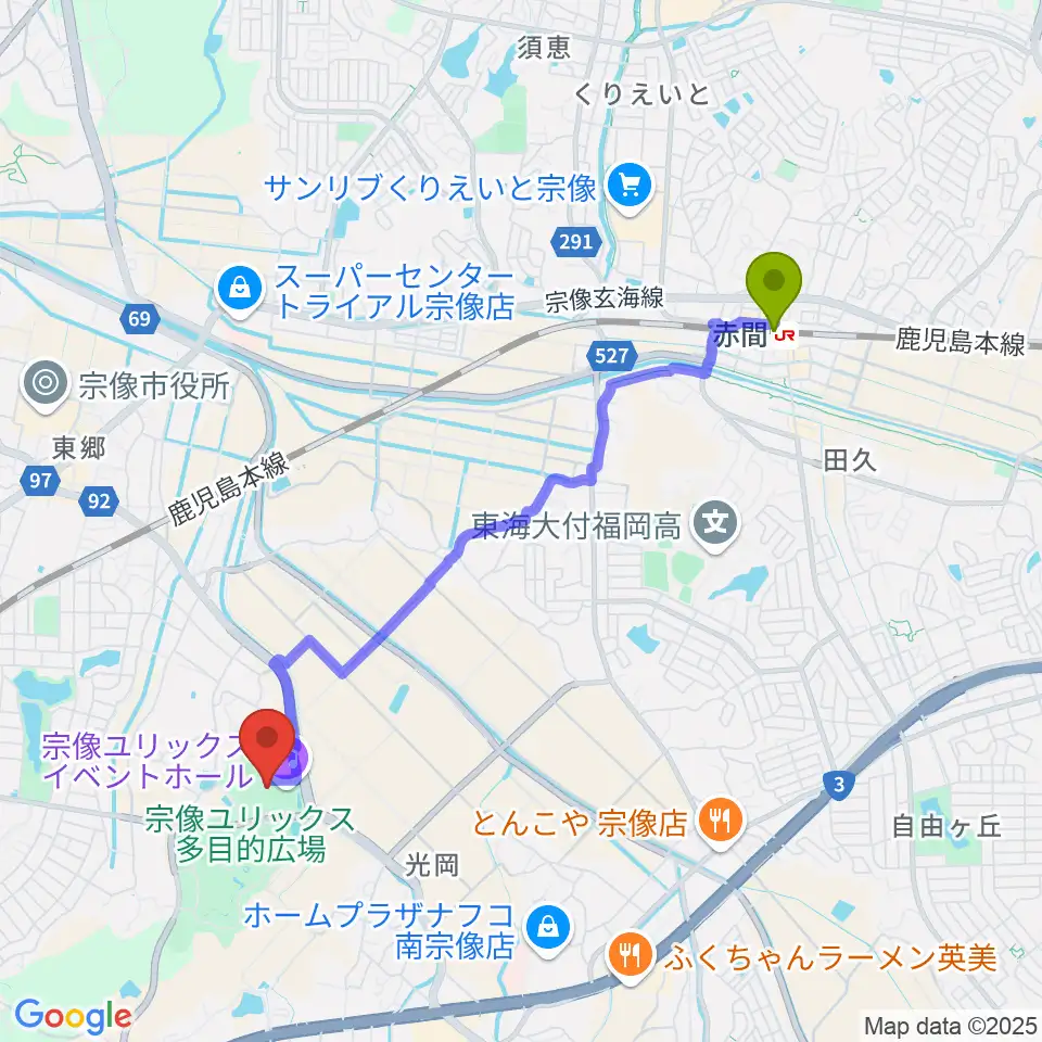 赤間駅から宗像ユリックスへのルートマップ地図