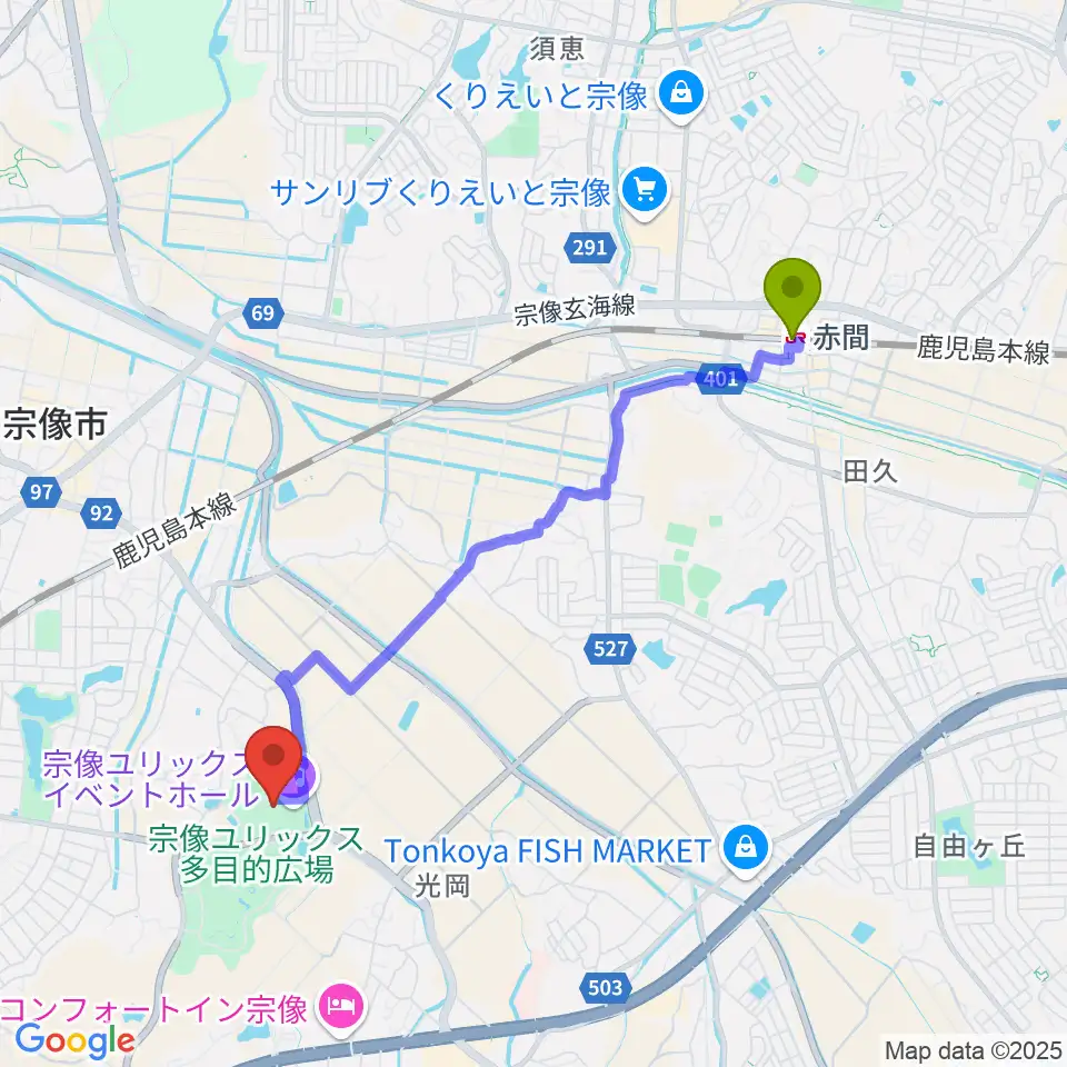 赤間駅から宗像ユリックスへのルートマップ地図