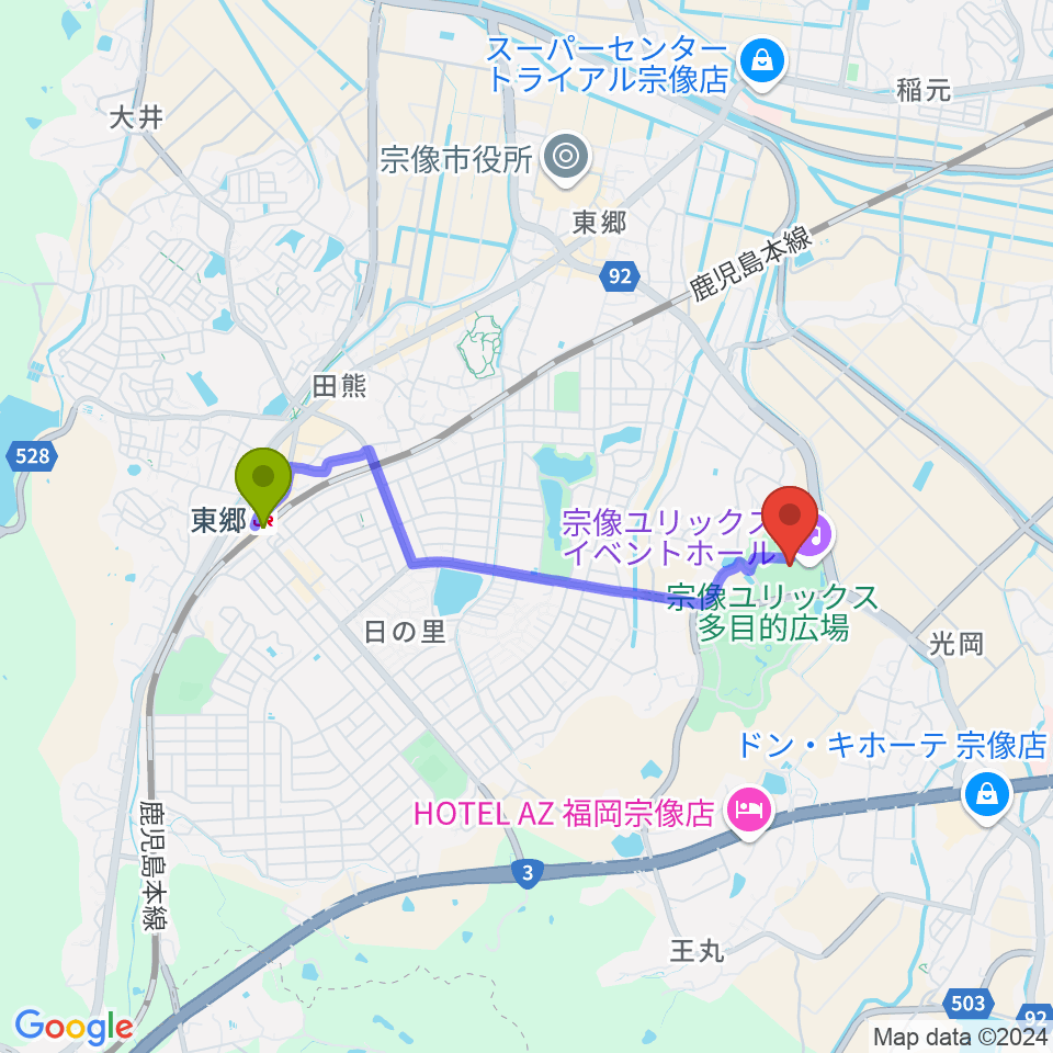 宗像ユリックスの最寄駅東郷駅からの徒歩ルート（約32分）地図