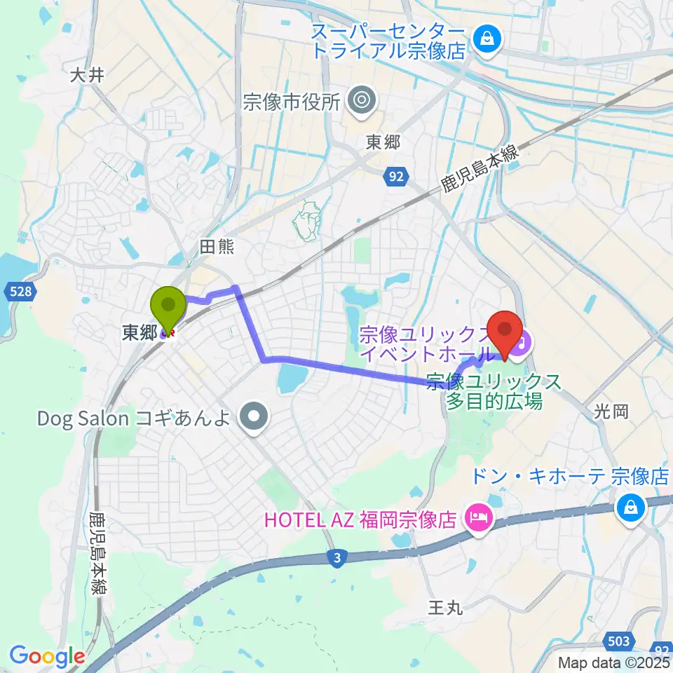 宗像ユリックスの最寄駅東郷駅からの徒歩ルート（約32分）地図