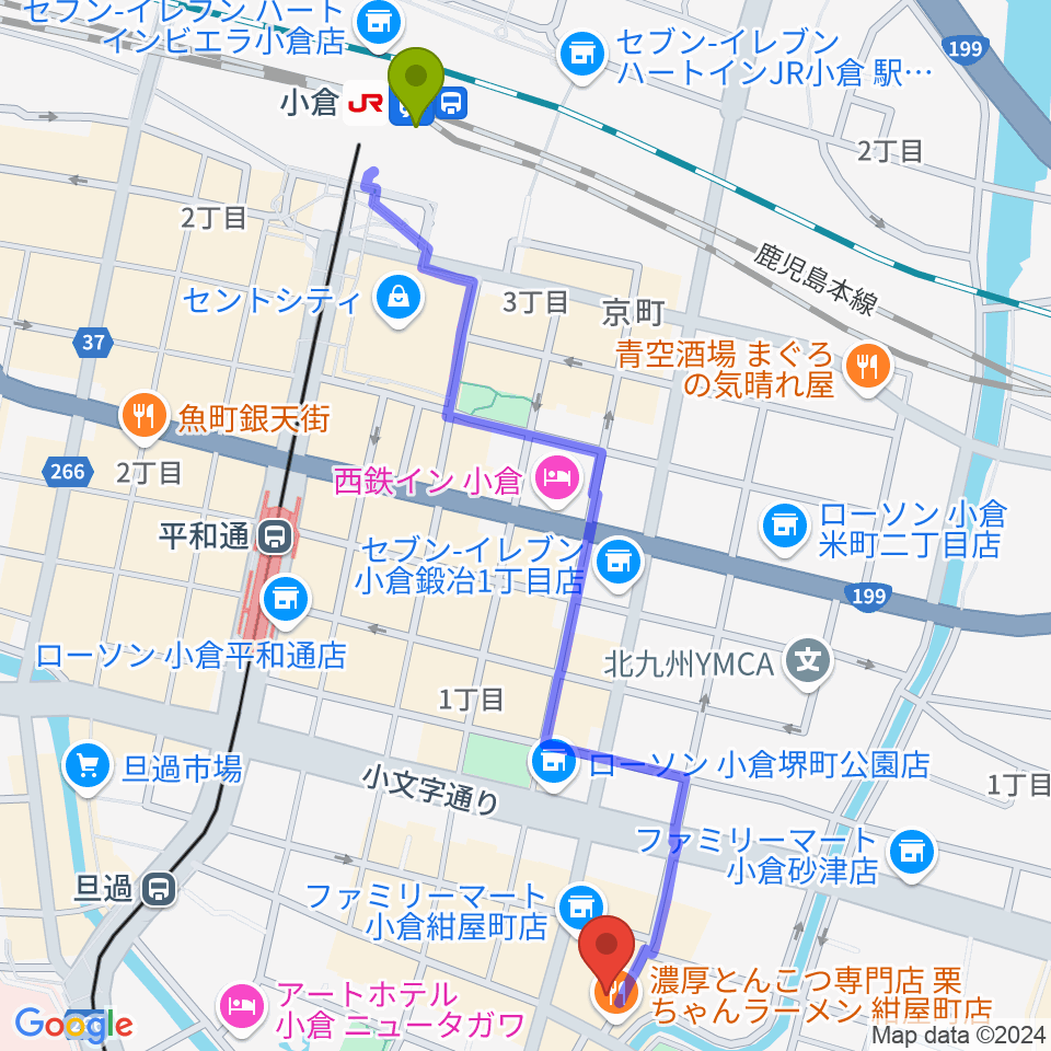 小倉駅から小倉フォークビレッジへのルートマップ地図