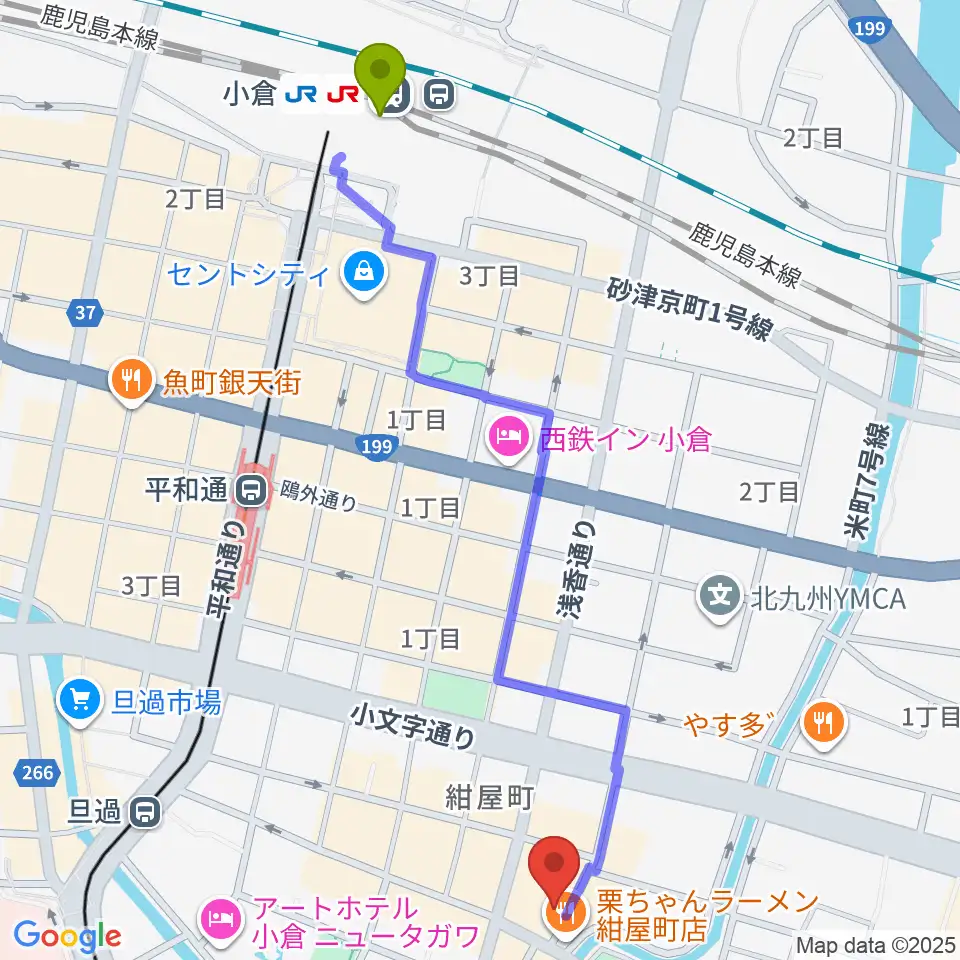 小倉駅から小倉フォークビレッジへのルートマップ地図