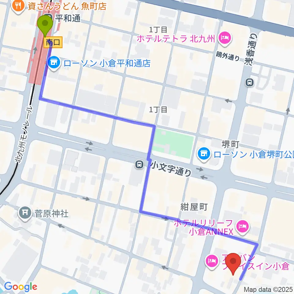 平和通駅から小倉フォークビレッジへのルートマップ地図