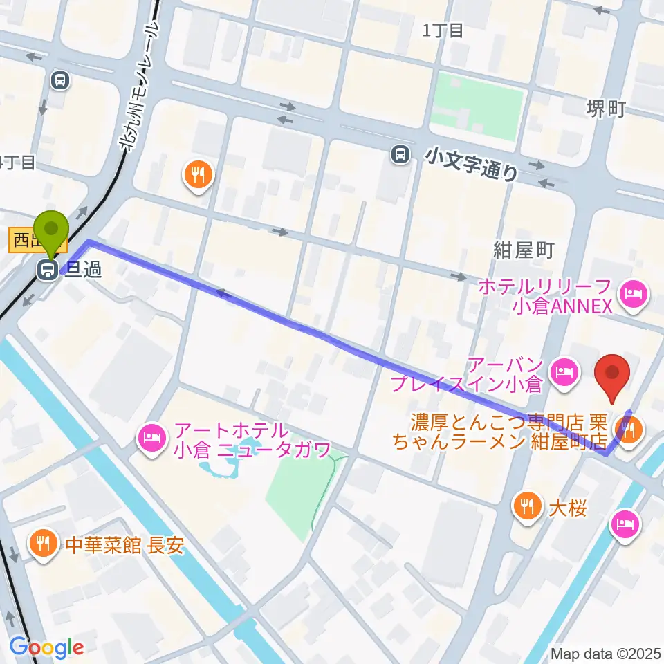 小倉フォークビレッジの最寄駅旦過駅からの徒歩ルート（約7分）地図
