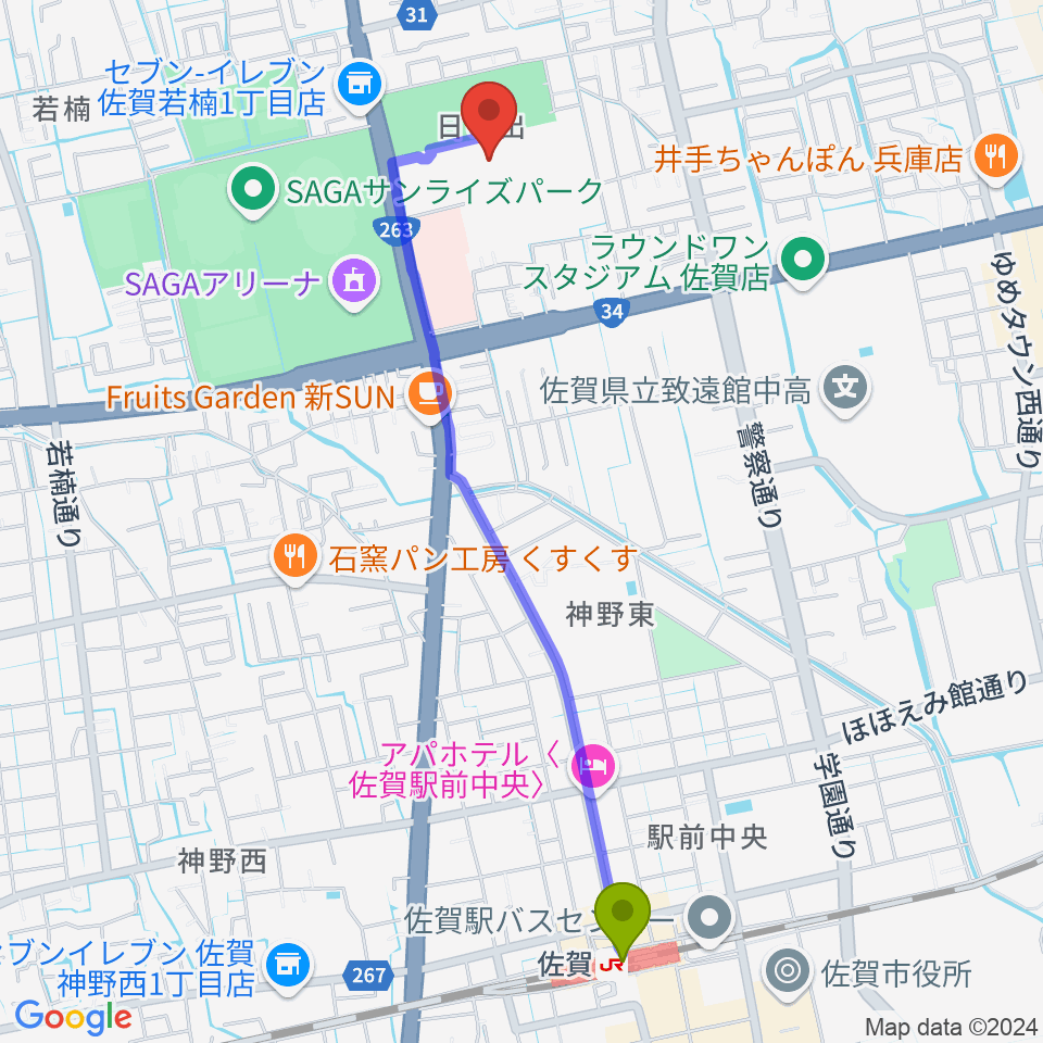 佐賀市文化会館の最寄駅佐賀駅からの徒歩ルート（約25分）地図