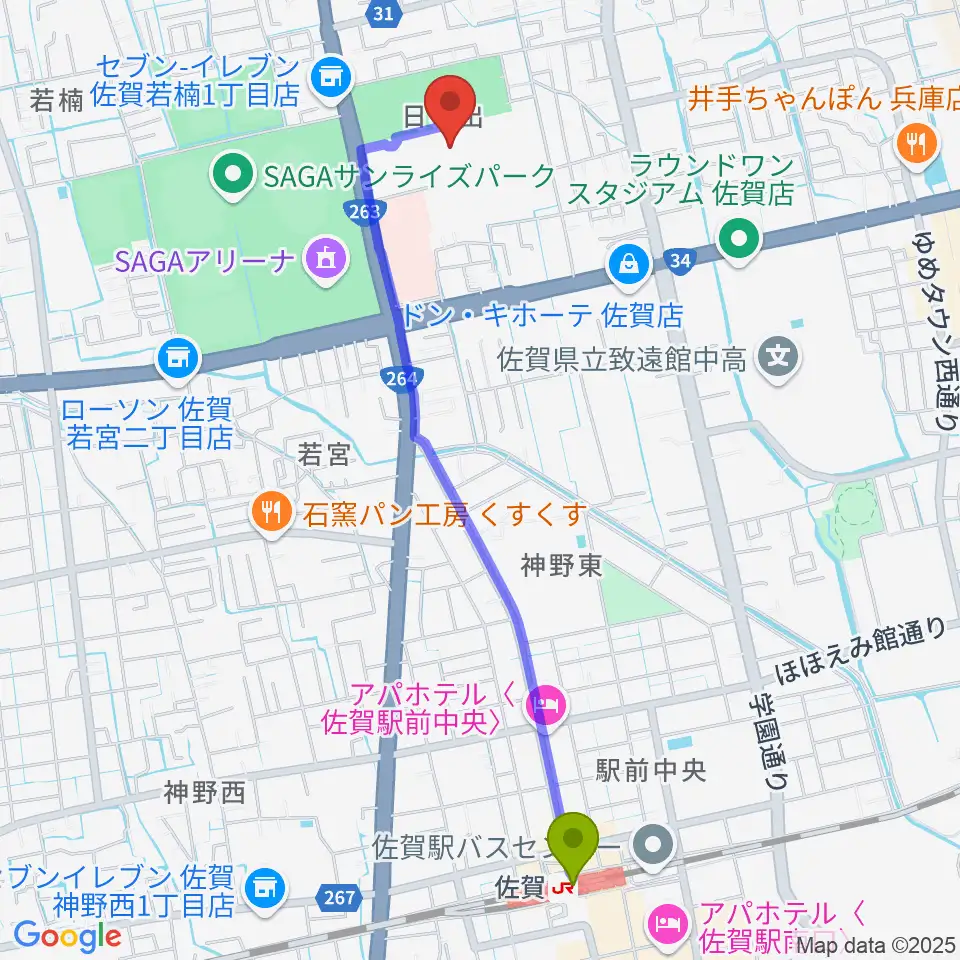 佐賀市文化会館の最寄駅佐賀駅からの徒歩ルート（約25分）地図