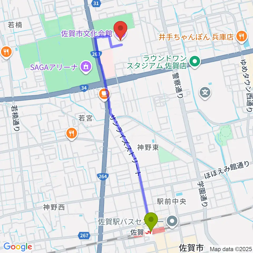 ミズ ウェルビー ホールの最寄駅佐賀駅からの徒歩ルート（約24分）地図