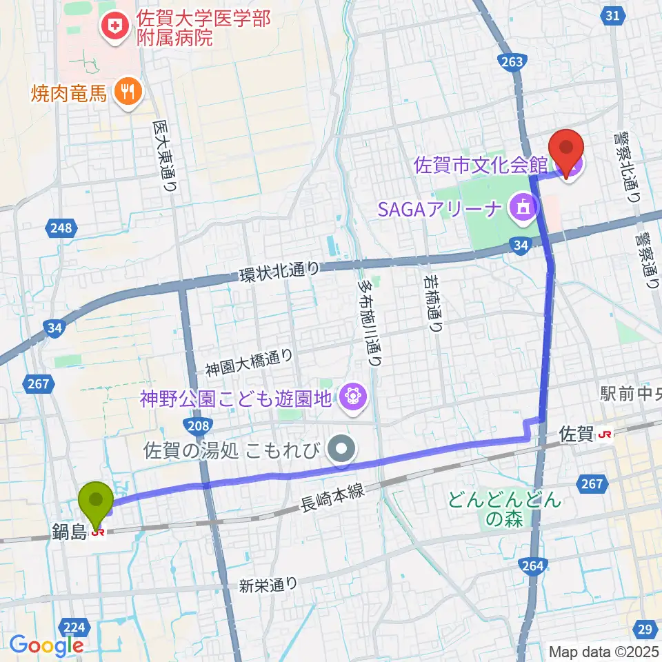 鍋島駅から佐賀市文化会館へのルートマップ地図
