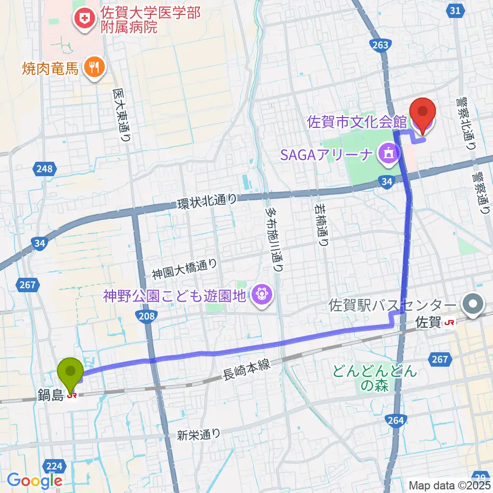 鍋島駅からミズ ウェルビー ホールへのルートマップ地図